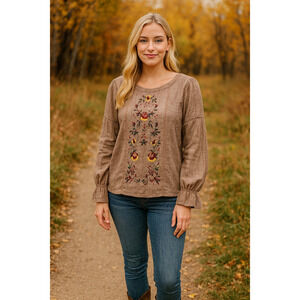 Umgee embroidered floral peasant blouse ladies brown Size Small cottagecore